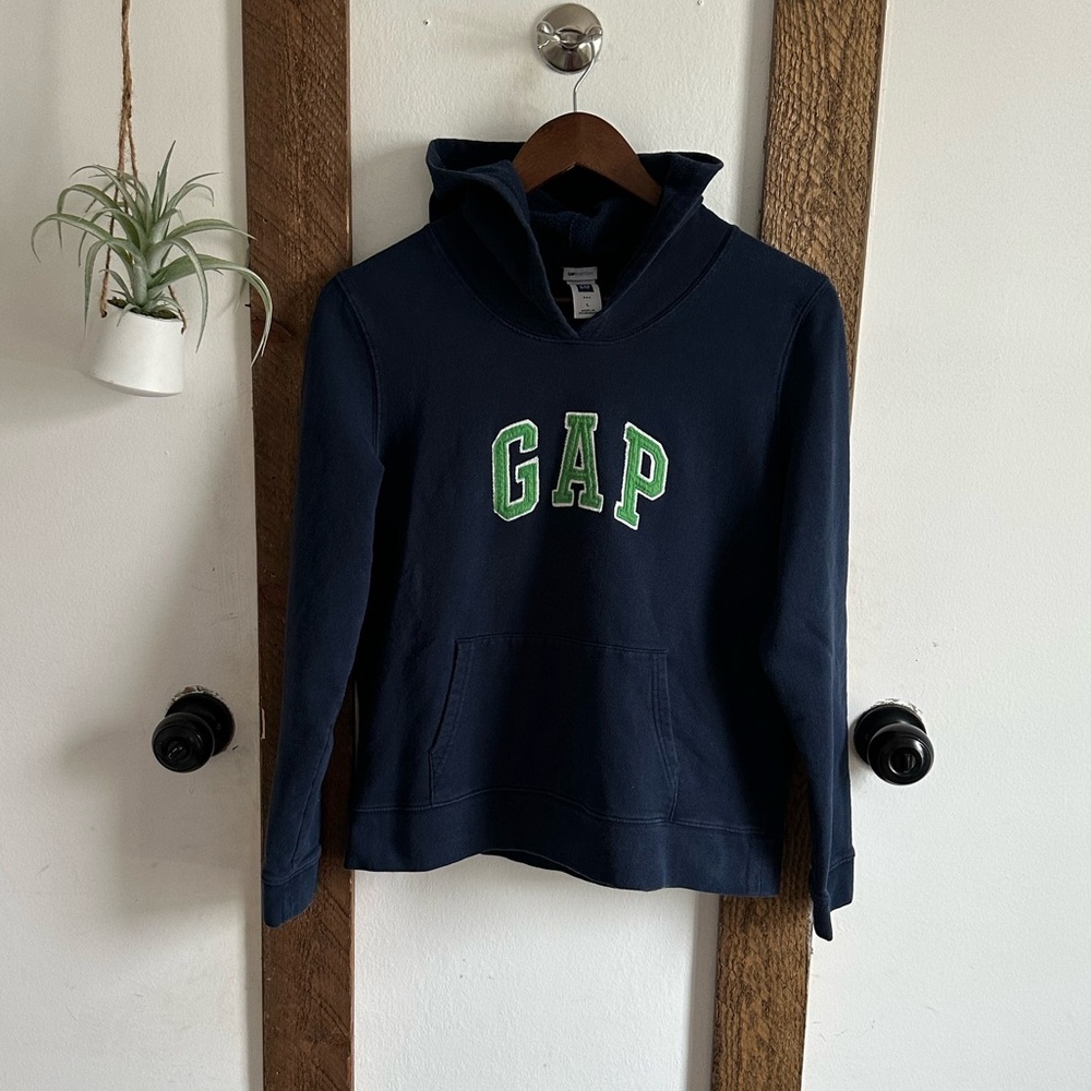 Vintage Y2K GAP Navy Hoodie Sweatshirt with Green Logo Girls Size Large
